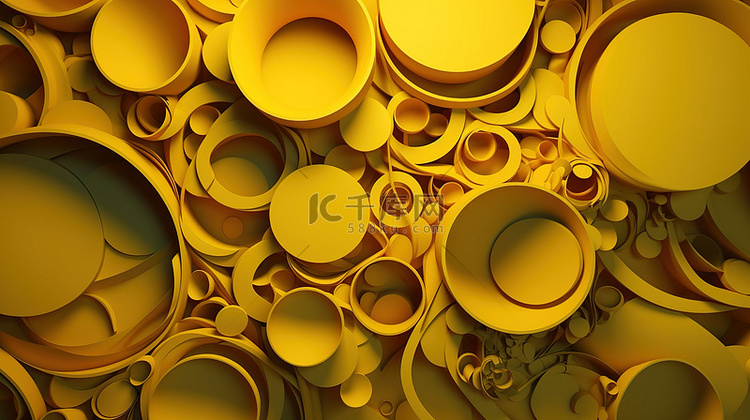 黄色抽象背景中带有圆形 3D 