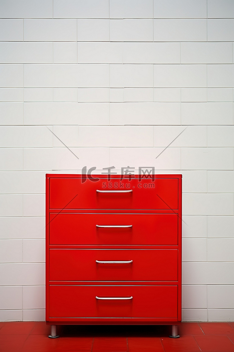 带有墙砖的红色抽屉柜
