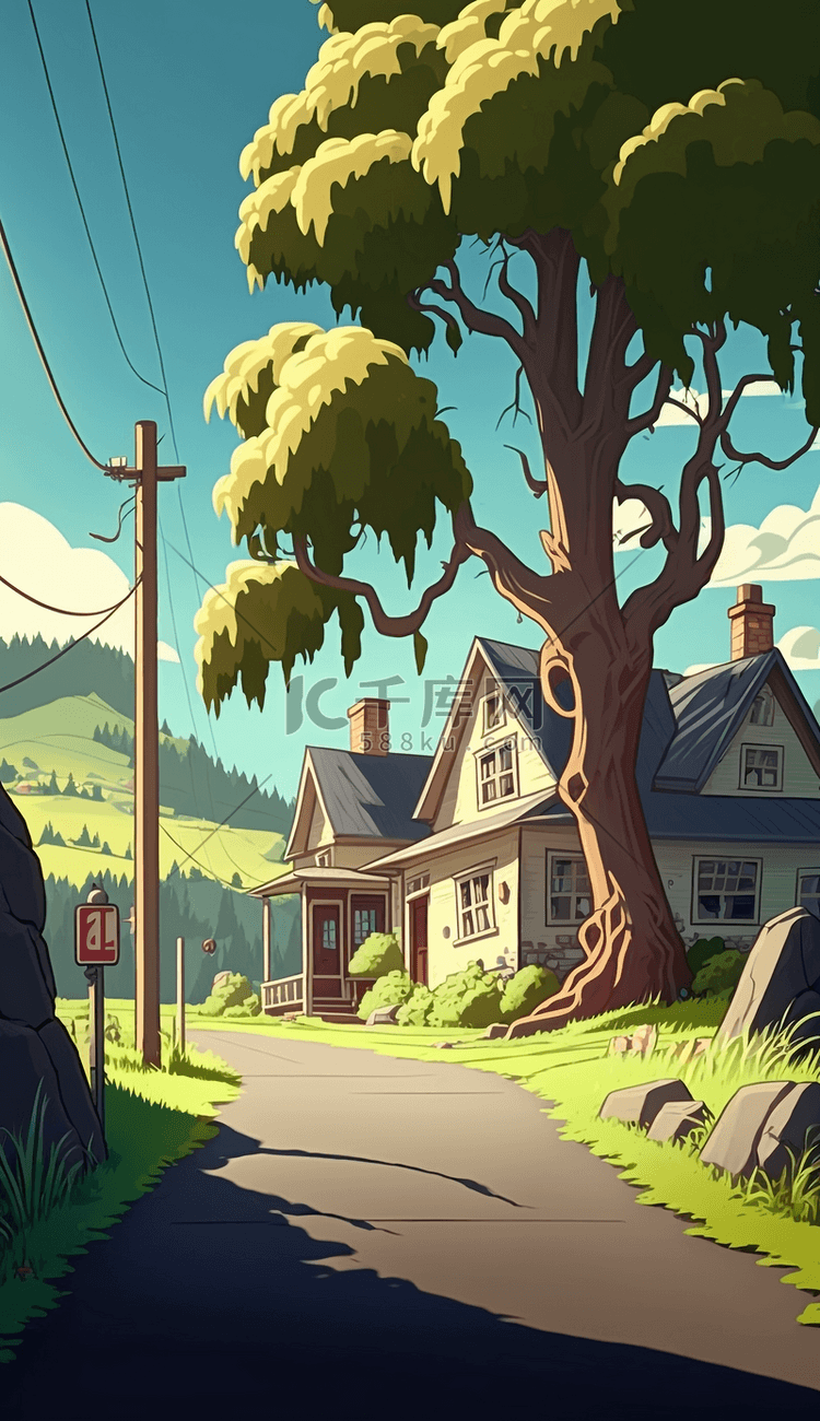阳光下的大树房子美丽的田园卡通