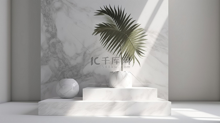 白色抽象 3D 渲染中带有棕榈