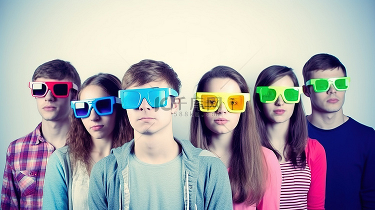 五位年轻朋友戴着 3D 眼镜享