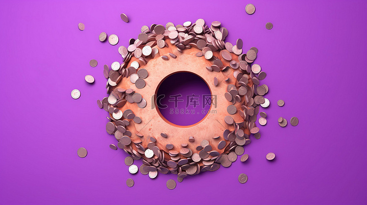 紫色背景，现金和硬币从圆孔中溢