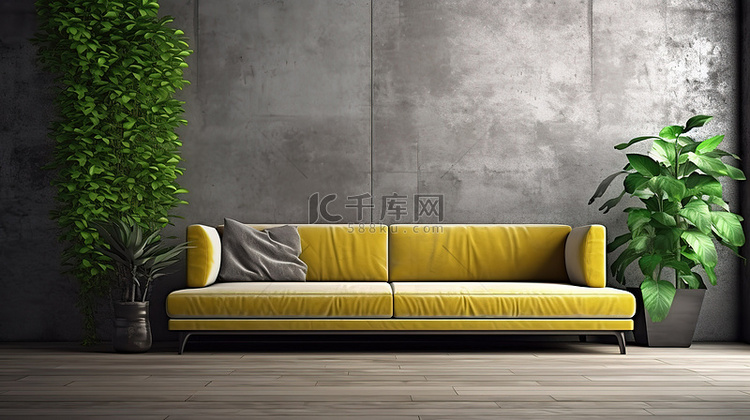 3D 渲染黄色沙发和绿色植物装