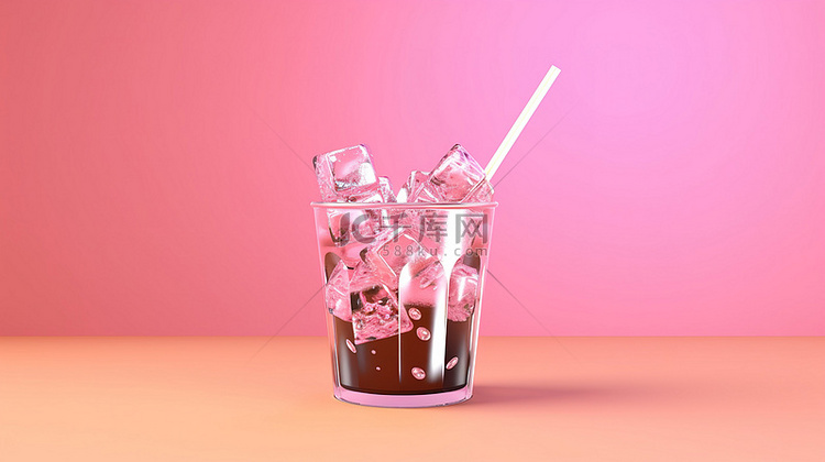 玻璃冰冷饮中的茶点，粉红色背景