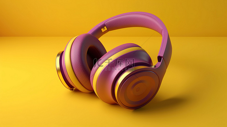 3D 渲染中的黄色耳机与紫色背