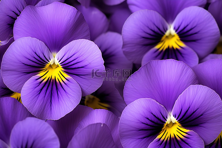 紫色三色堇盛开，中心为黄色 紫