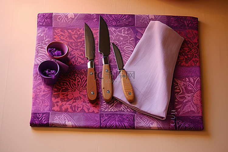 有紫色刀和紫色垫子的板