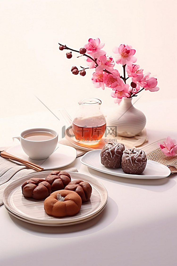 白桌上的中国茶和小吃