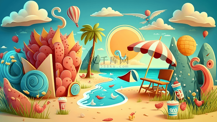 夏天海滩热气球遮阳伞卡通插画背