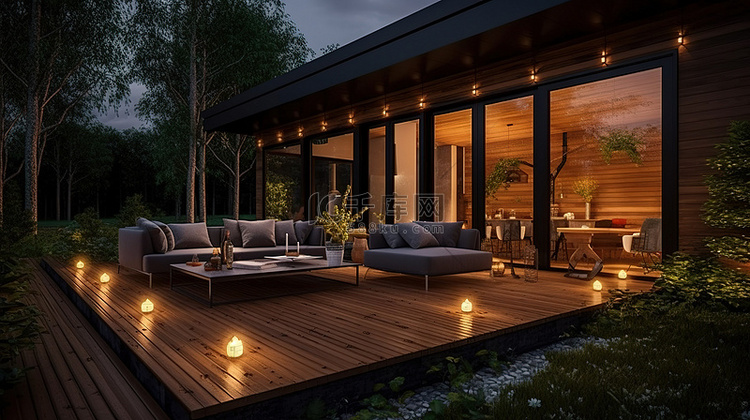 现代木甲板上的夜间户外休息室 