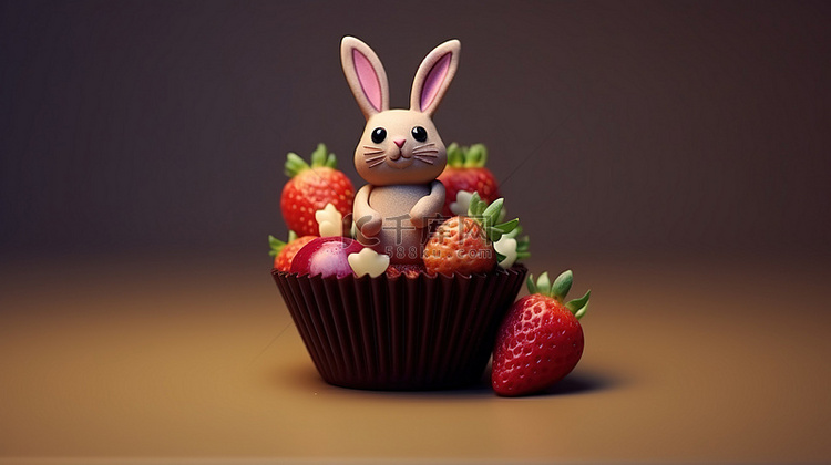 可爱的兔子和美味的草莓复活节彩