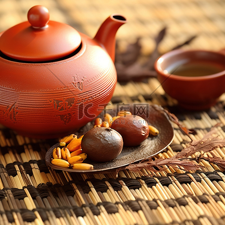 茶壶和茶叶放在橙子和壶旁边的垫
