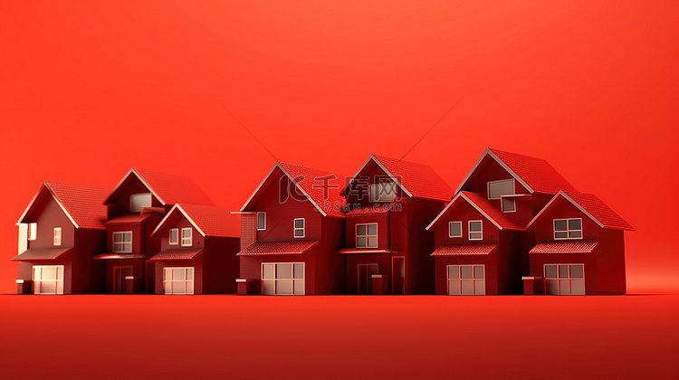 红色背景与模糊的房屋 3D 插