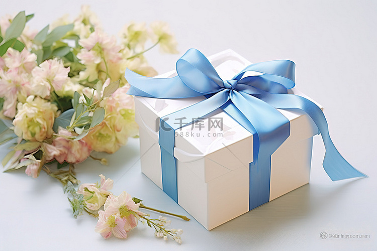 领结包裹着一个蓝色的鲜花礼品盒
