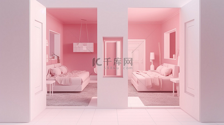 粉红色背景下空 3D 纸模型渲