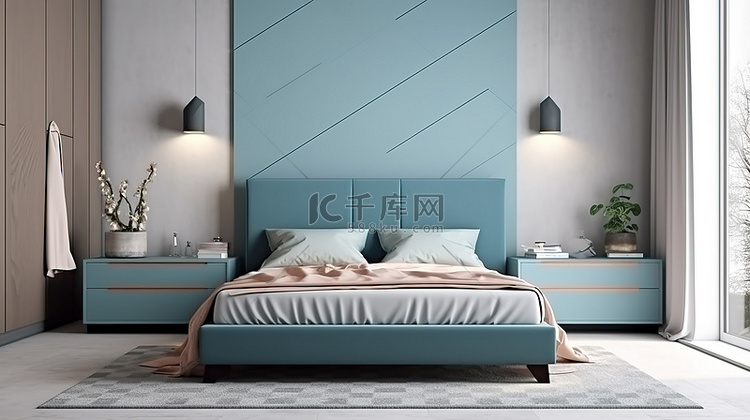 时尚卧室内的现代蓝色双人床，配