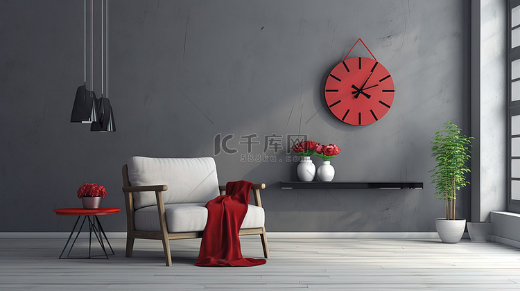 现代客厅装饰白色椅子挂钟红玫瑰