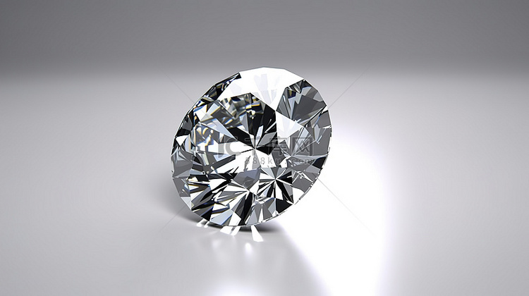 圆形切割钻石 3D 渲染，在白