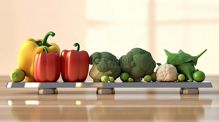 平衡健康和健身新鲜蔬菜和哑铃在