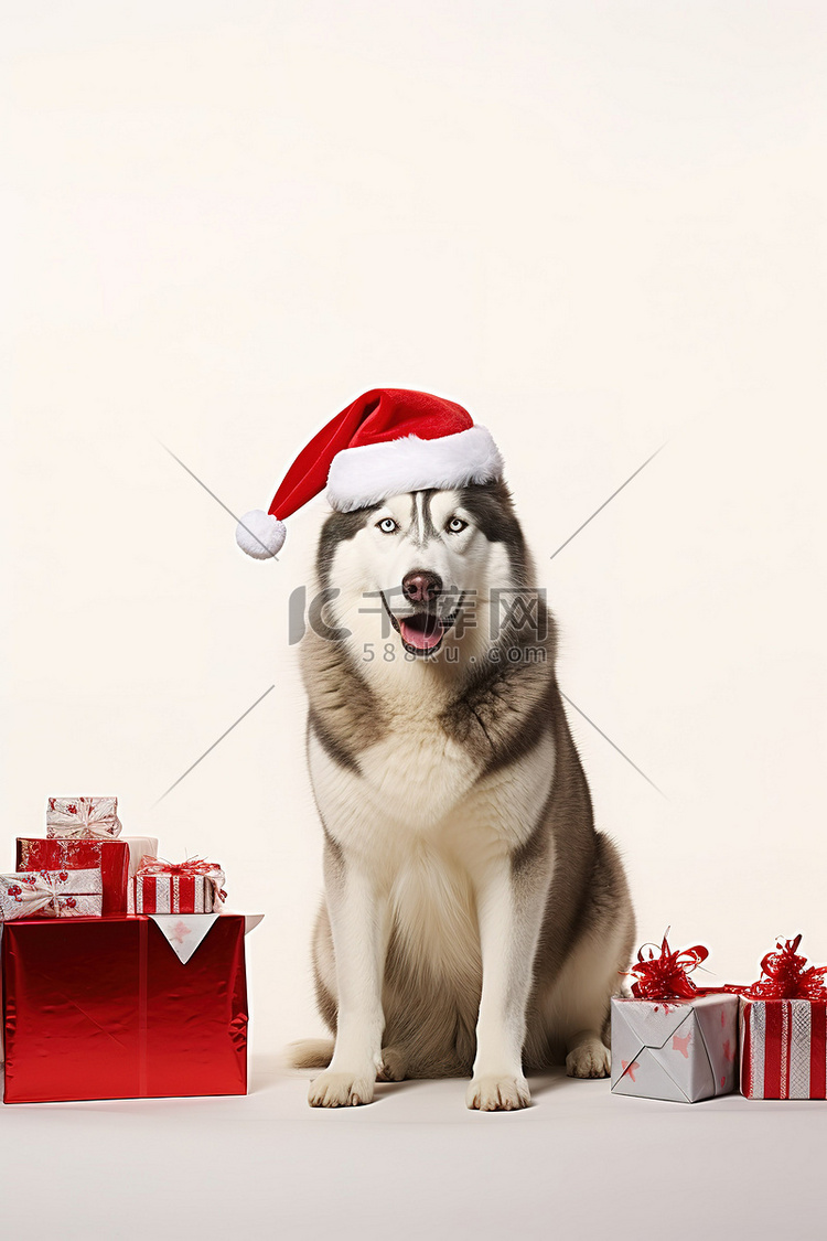 一只哈士奇狗坐在圣诞帽前并送礼