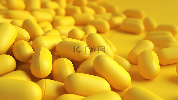 黄色背景上一堆黄色药丸的近距离