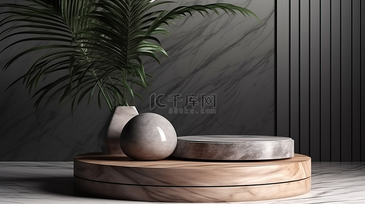 产品展示木讲台与棕榈阴影和灰色