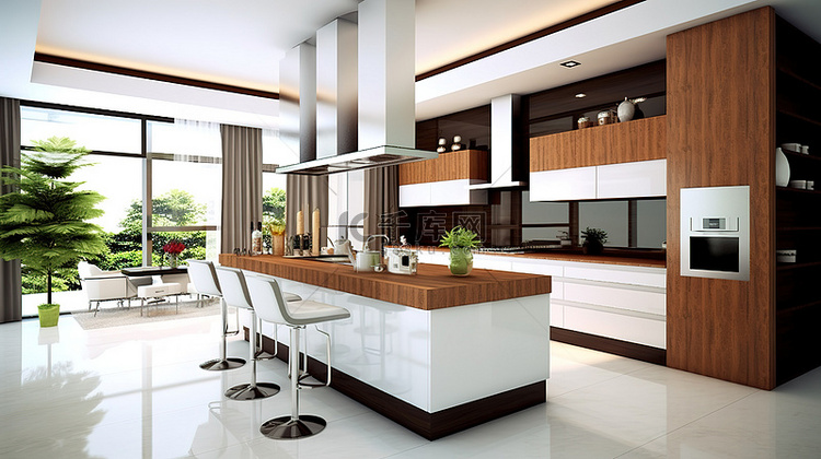 3D 渲染的现代厨房配有白色和