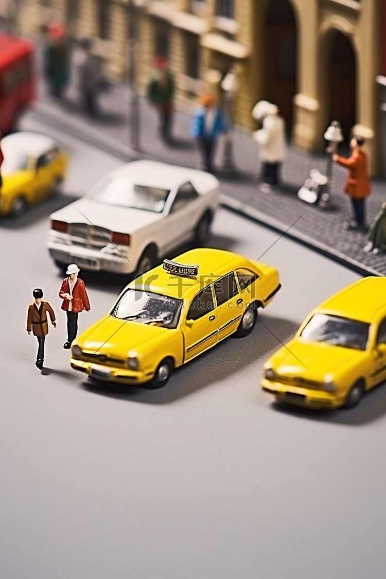 巴黎街头的微型人和出租车