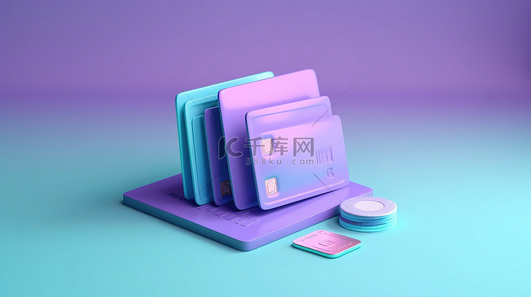 紫色背景上的 3D 浅蓝色钱包