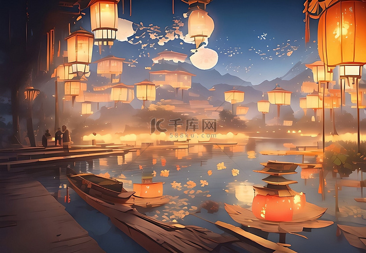 孔明灯清明节插画唯美风景