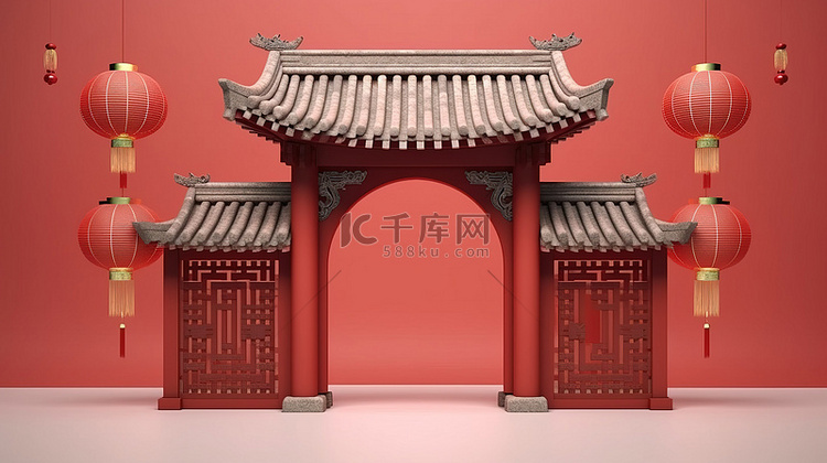 中国风格的门装饰着红灯笼，具有
