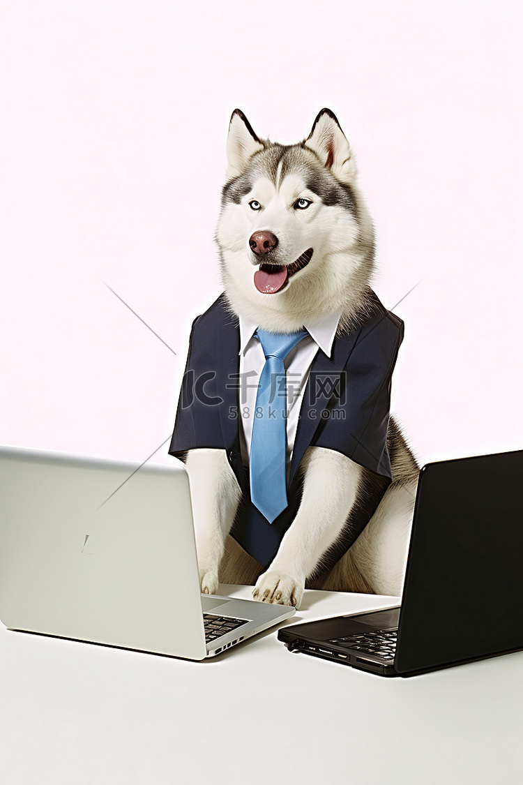 西伯利亚哈士奇狗与西装和笔记本