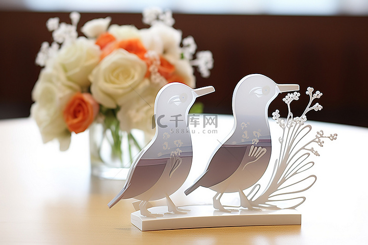 两只鸟和婚礼花束的婚礼鸟装饰