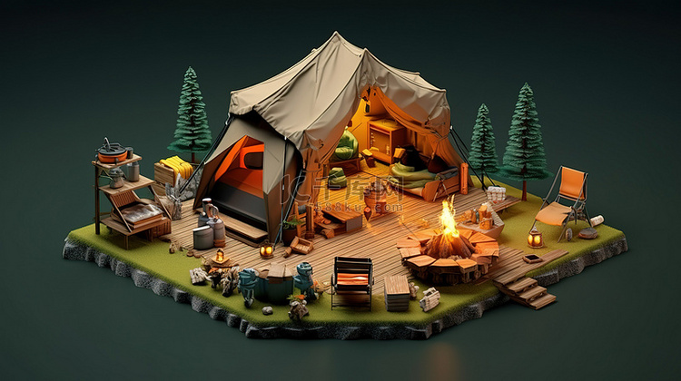 露营场景的插图 3D 渲染
