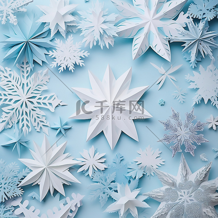 蓝色和白色雪花中的纸雪花与圣诞