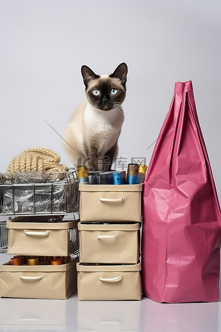 架子上的暹罗猫带着购物袋