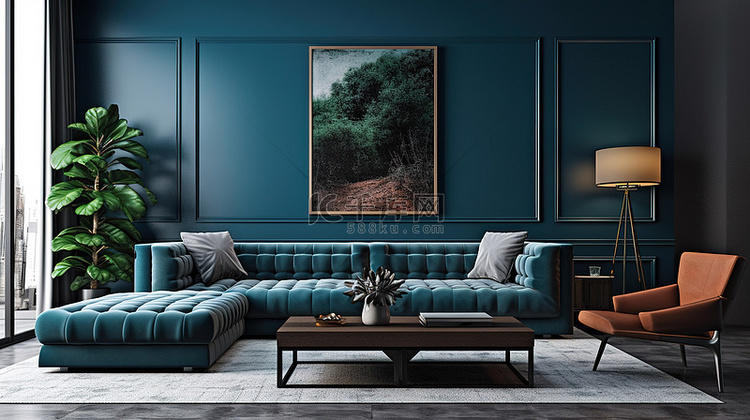 时尚的棕色沙发与当代蓝色客厅内
