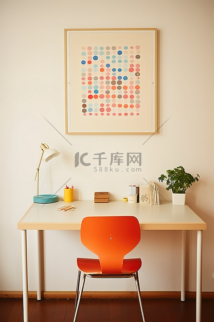 家庭办公室的办公桌和橙色椅子
