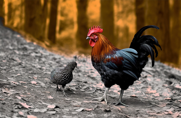 一只公鸡和一只鸟在树林里散步