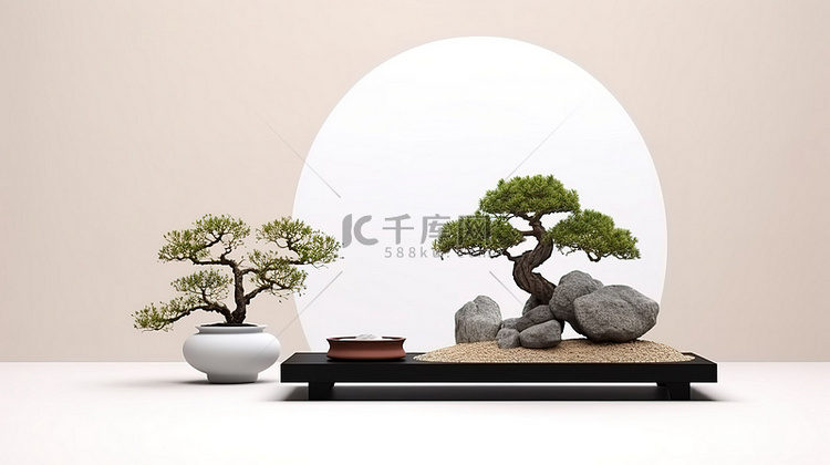 日本石讲台和盆景树在白色背景上