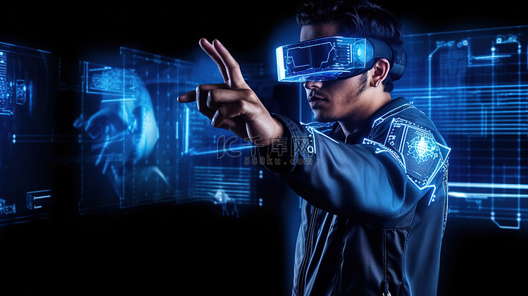 VR 中的男人指着虚拟世界中的