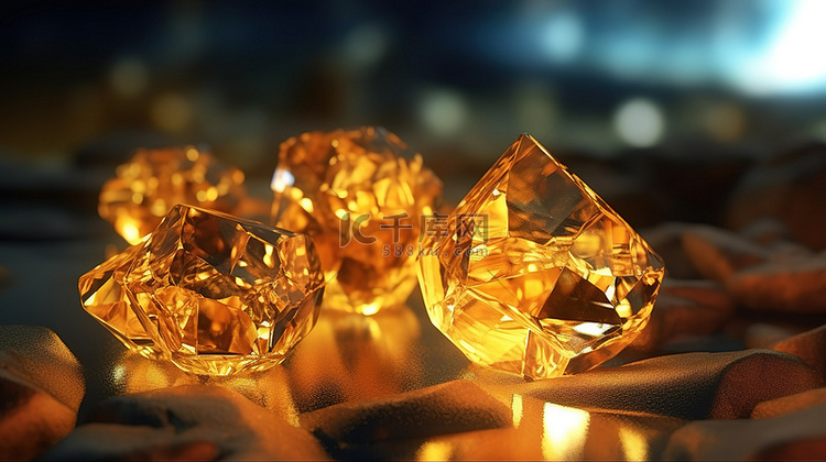 金矿 3d 渲染中的水晶宝石簇