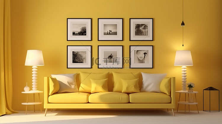 3d 渲染中的黄色客厅，配有沙