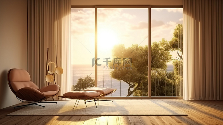 开放空间概念休闲躺椅和宽敞的窗