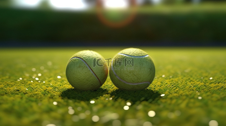 三个网球停在甘美的绿草上，令人