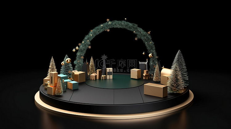 黑色背景与 3D 讲台和圣诞节