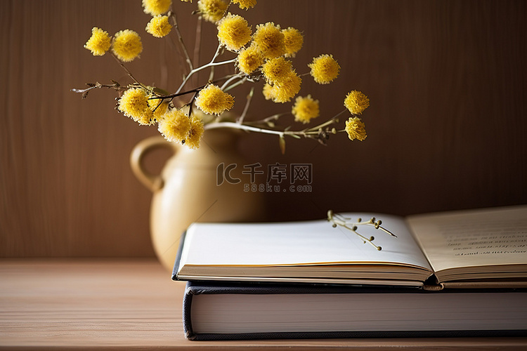 木架上的书籍和黄花，上面有手写