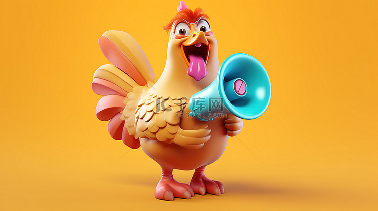 机智的 3D 鸡拿着扩音器和手