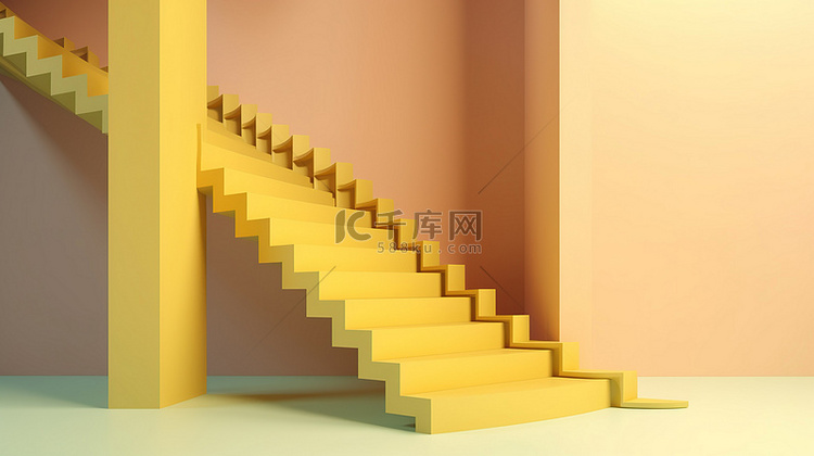 淡黄色几何楼梯设计的 3D 渲染