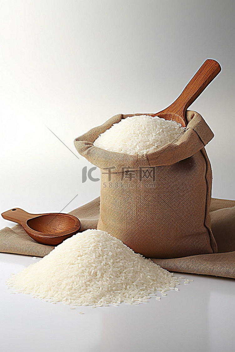 用木勺装在袋子里的白米